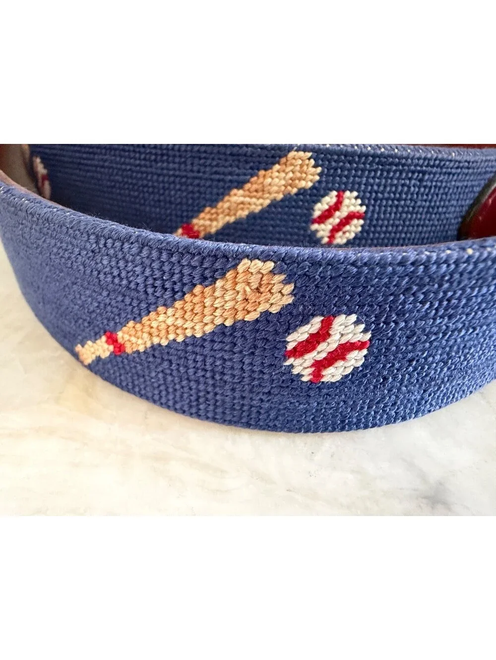 Smathers & Branson Needlepoint Belt Size 36 Baseball Bats Balls Blue Leather Vtg